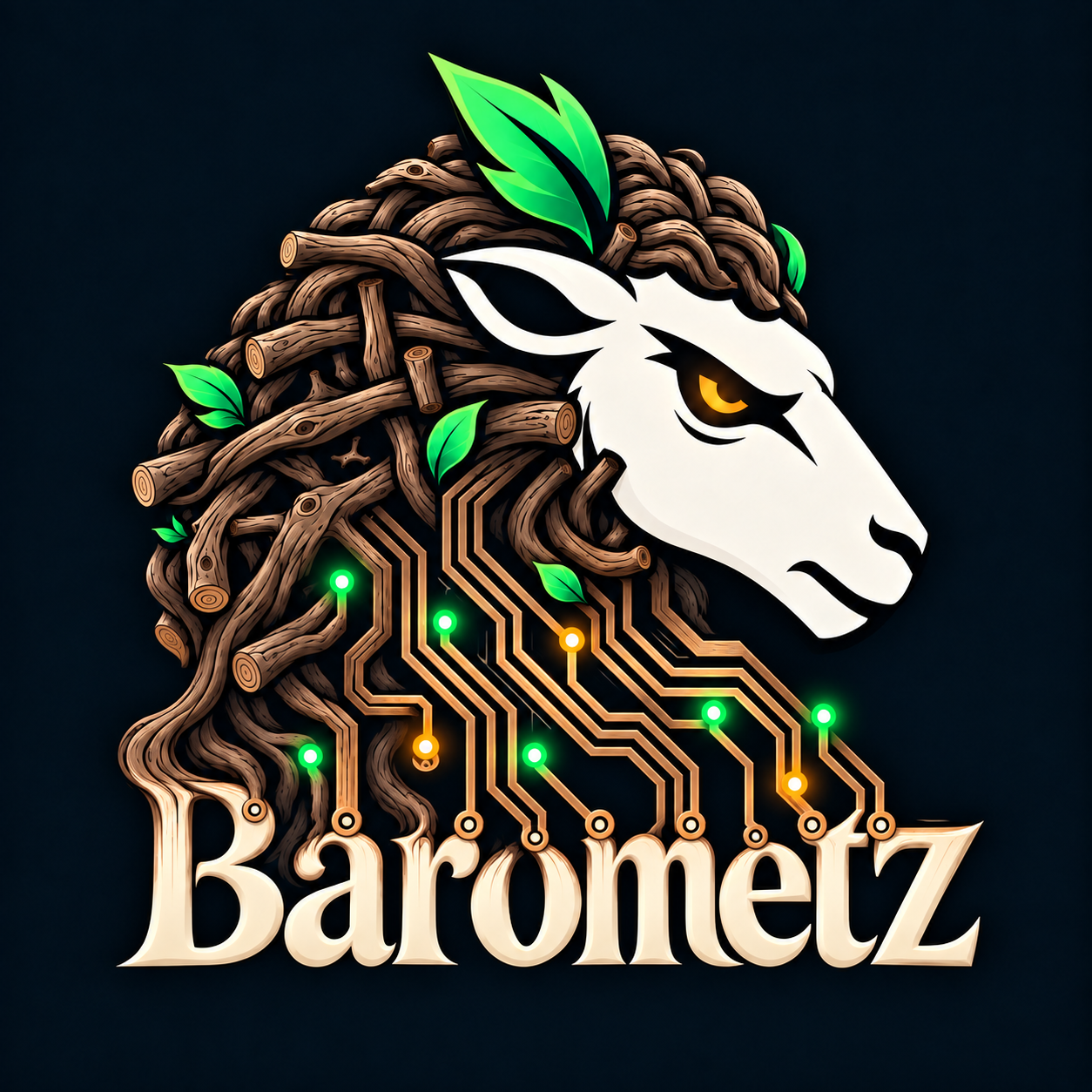 The Barometz emblem: a white sheep whose woven wooden fleece becomes angular copper circuit traces connected to ivory Barometz lettering, with green leaves and green and amber terminals.
