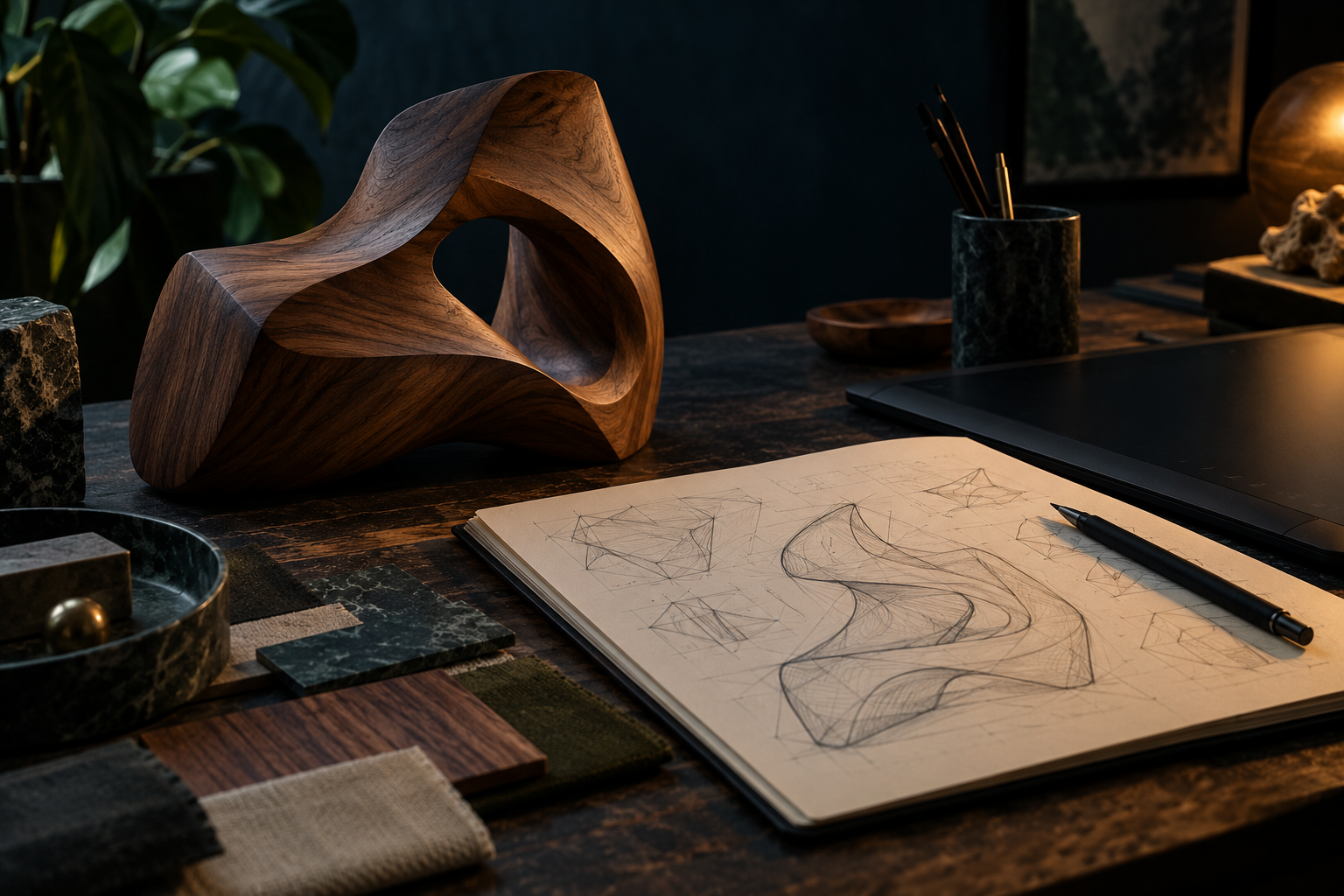 Wood sculpture, drawing tools, and sketches on a creative studio workbench.