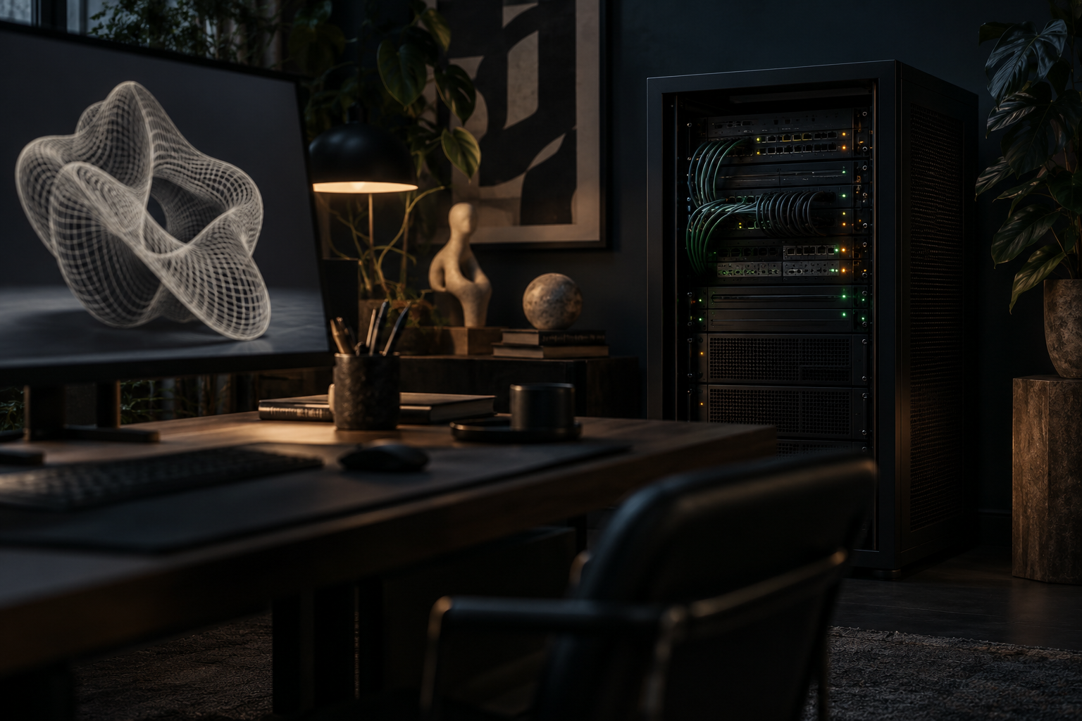 Conceptual view of local computing infrastructure beside a creative workstation.