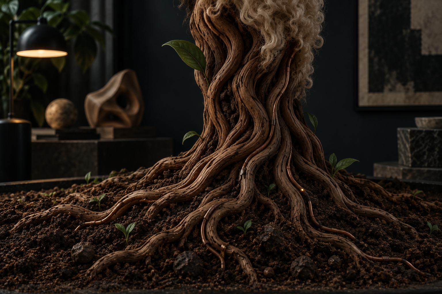 A softly lit studio material study of walnut roots blending into earth, with fine copper traces, muted leaves, and a subtle hint of ivory fleece.